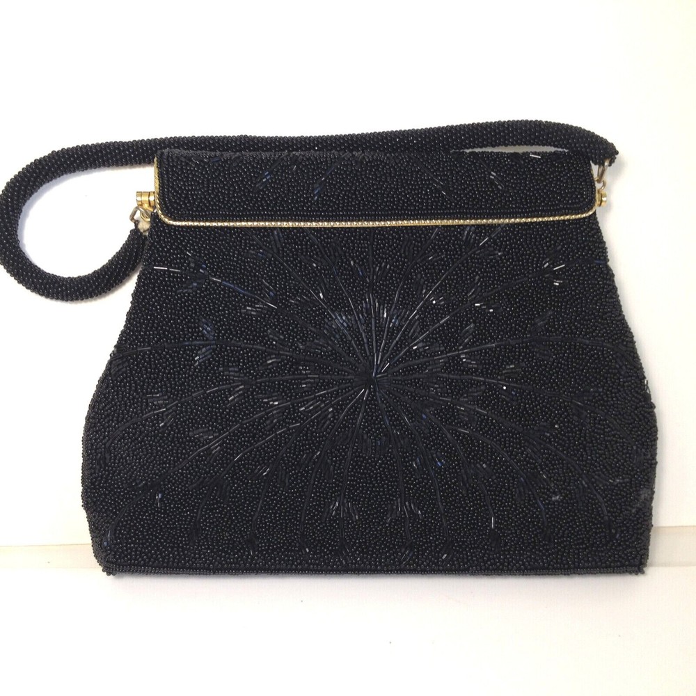 Vintage Black Beautifully Beaded Evening Handbag Gold Trim